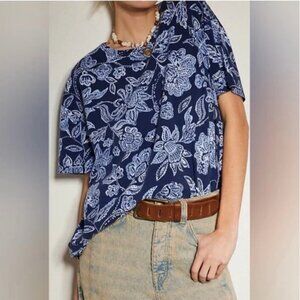 Free People Nina Tee We the Free Blue Floral Small Shirt Top Crewneck Oversized